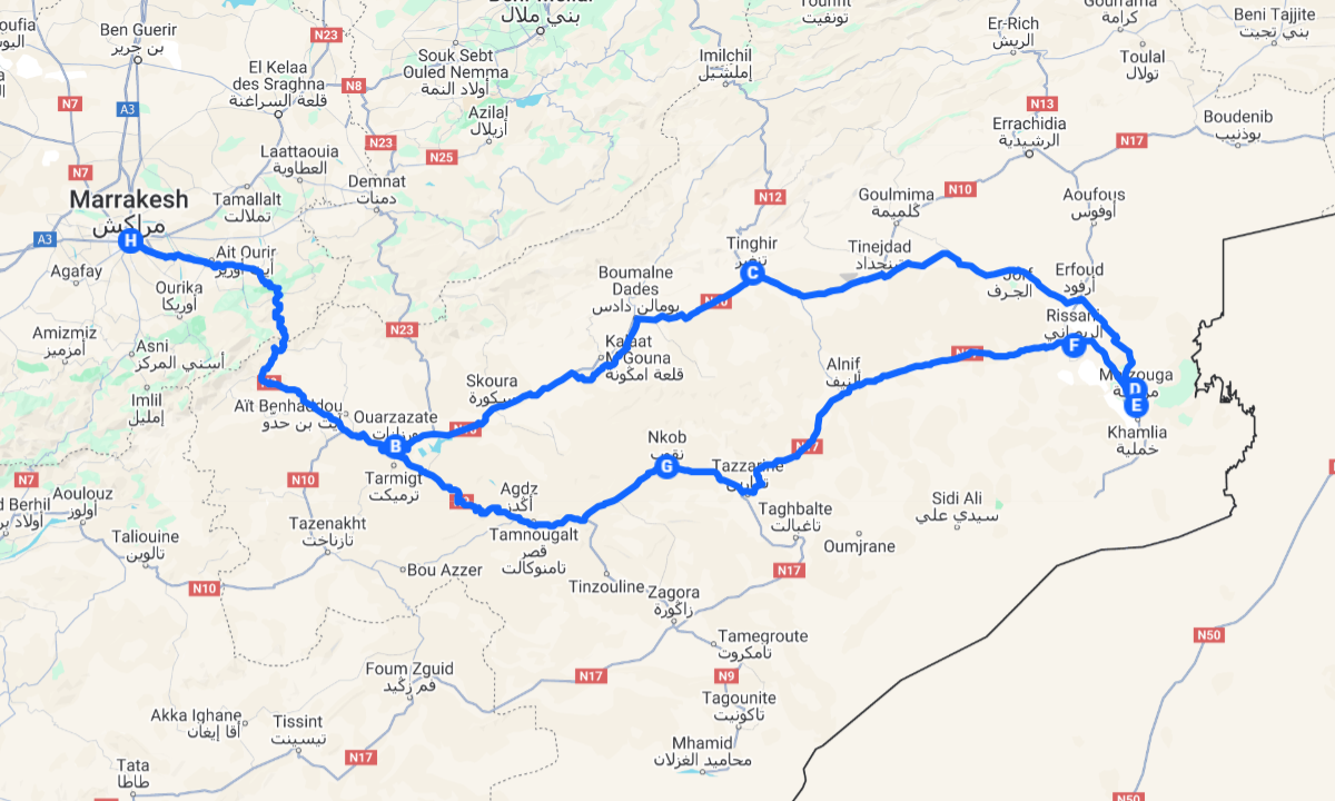 map of 3 days from marrakech to merzouga